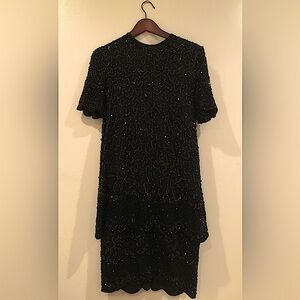 80s Black Sequin and Bead Encrusted Dress size M Medium